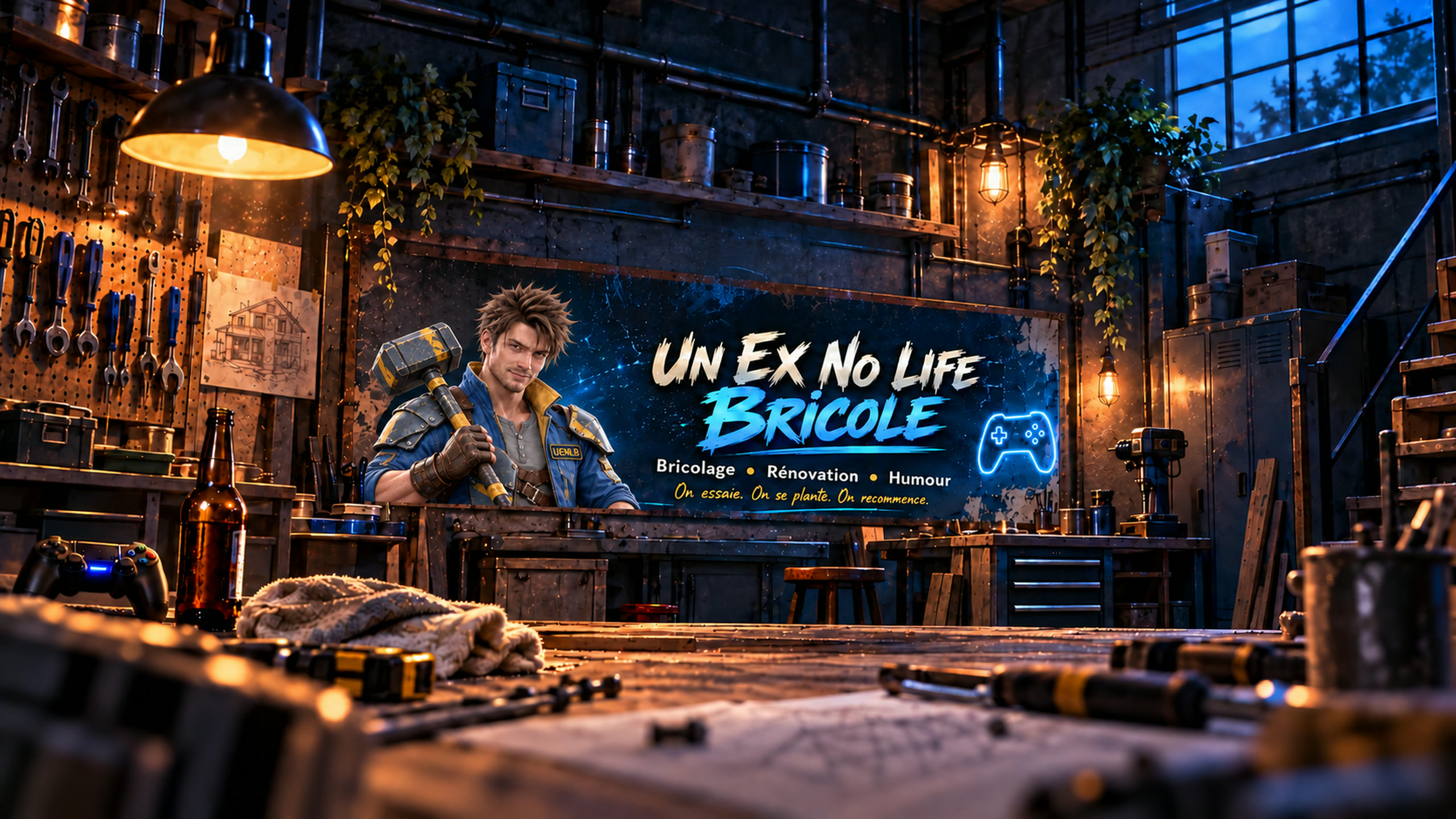 L’atelier Un Ex No Life Bricole : outils, manette et mascotte dans les couleurs de la chaîne